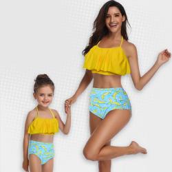 Iconix 2 Piece Nylon Matching Bikini Swimwear Bathing Suits For Mom Or Daughter - Yellow - Banana Print - Size 6 To 8 Years