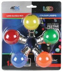 ACDC Dynamics Acdc LE45-0.6-B22-M 5 230VAC 1W B22 Lamp Ball Type Mixed Colour 5 Pack