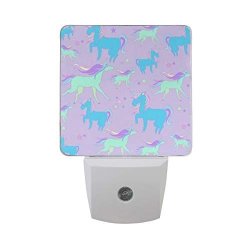 Atono Blue And Green Unicorns With Stars Violet MINI LED Night Light Square Bedside Lamp For Bedroom Babyroom Bathroom Hallway Stairways 3.16X3.16 Inch Room