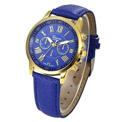 Watch Han Shi Women Fashion Retro Roman Numerals Faux Leather Analog Quartz Wrist Watch M Blue