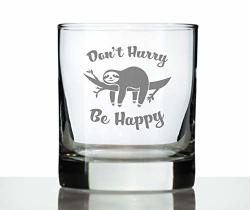 Don't Hurry Be Happy - Funny Sloth Whiskey Rocks Glass Gifts For Men & Women - Fun Whisky Drinking Tumbler D Cor