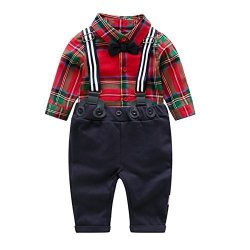 BABY Boy Clothing Sets With Bowtie Infant Red Plaid + Blue Bibs Pants + Suspender Outfits Suits