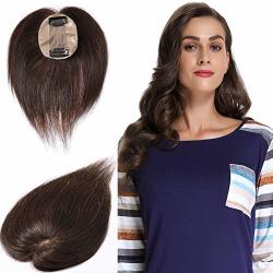 Silk Base Top Hairpiece 100% Remy Human Extensions Crown Touppe Clip In on Topper Hand-made Toupee With Thinning Hair For Women 4 Medium Brown 10 Inches