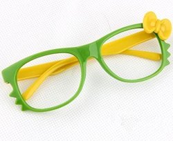 FancyG ? Cute Nerd Glass Frame With Bow Tie Cat Eyes Whiskers Eyewear For Kids 3-12 No Lens - Green yellow With Yellow Bow By
