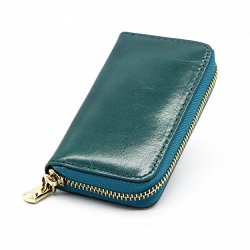 TOP Myzin Genuine Leather Zipper Key Case Key Holder Purse Bag With Card Slots Peacock Blue