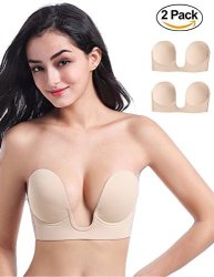 Fancyqube Women's Invisible Bras Silicone Bra Push-up Strapless Reusable Bra 2 Pack Self Adhesive Bra U Plunge Nude Cap B