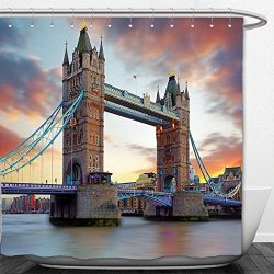 Interestlee Shower Curtain London Decor The Big Ben And The Westminster Bridge At Night In UK Street River European Look Photo Grey Yellow