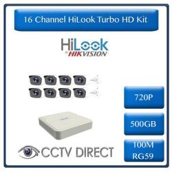 HiLook By Hikvision 16 Ch Turbo HD Kit - 16 Ch Turbo HD Dvr - 8 X HD720P Camera - 500GB HD - 100M