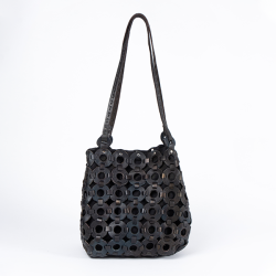 Sadie Black Basket Shoulder Bag - Black Leather
