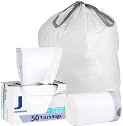 Code J (50 Count) 10-10.5 Gallon | 38-40 Liter Custom Fit Trash Bags Compatible with simplehuman Code J | White Drawstring Garbage Liners