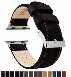Barton Leather Watch Bands Compatible With All Apple Watch Models - 38MM Black Leather & Orange Stitching