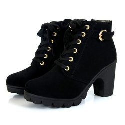 Women Girl High Top Heel Ankle Boots Winter Pumps Lace Up Buckle Suede Shoes