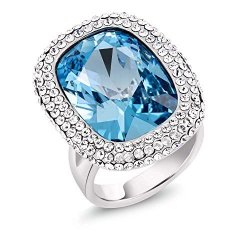 Gem Stone King Rhodium Plated Aqua Cocktail Ring 18X13 Milimeters Made With Swarovski Crystals