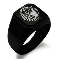 Black Ip Plated Stainless Steel Iconic Pharaoh Lion King Square Flat Top Biker Style Polished Ring Size 8