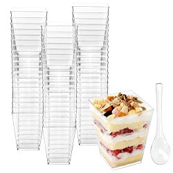 Dlux 100 x 2oz Square Mini Dessert Cups with Spoons and Lids, Clear Plastic Parfait Appetizer Cup - Small Reusable Serving Bowl for Tasting Party