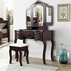 Giantex Vanity Dressing Table Set With Stool Tri Folding Vintage Vanity Makeup Dressing Table Set 5 Drawers Christmas Large Vanities With Bench Brown Reviews Online Pricecheck