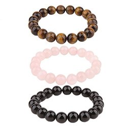 Hybeads 3PCS 10M Fengshui Mala Buddha Tiger Eye Bracelet Rose Quartz Stretch Bracelet Black Onyx Bracelet