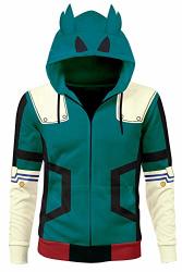 Izuku Midoriya Deku Ears Jacket Hoodie Zipper Sweatshirt Battle Suit Outfit Halloween Cosplay Costume Unisex Green