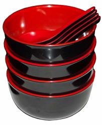 Calvin & Co Set Of 4 Small Melamine Miso Soup Cereal Bowls And Spoons - Red And Black 5 Inches
