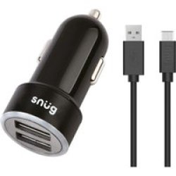 Snug Car Juice 3.4A 2-PORT Car Charger With USB Type-c Cable - Black