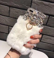 Losin Plush Case Compatible With Apple Iphone Xr Case Fashion Luxury Cute Fuzzy Furry Plush Fluffy Fur Bling Diamond Gemstone 3D Wings Metal Ring