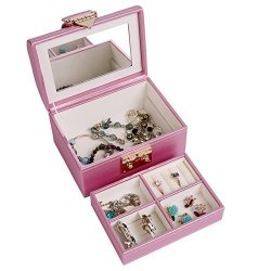 4QUEENS Girls Travel Jewelry Box Pink Pu Leather With Makeup Mirror Watch Display Organizer Storage Case