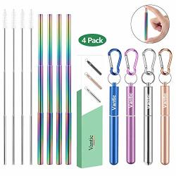 Vantic Reusable Collapsible Telescopic Straws - 4PACK Rainbow Stainless Steel Portable Drinking Straw With Travel Case & Cleaning Brush For 12OZ 20OZ 30OZ Cups-rose Gold&sliver&purple&blue