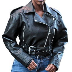 Women's Belted Lapel Collar Leather Jacket - Black