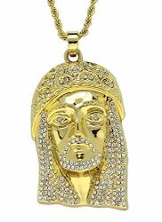 Large Jesus Piece 14K Gold Plated Cz Pendant 24" Rope Chain Necklace