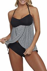 Verthome Women Two Pieces Halter Bandeau Dot Pin Up Tankini Sets Flyaway Ruched Backless Swimsuit 2XL Black