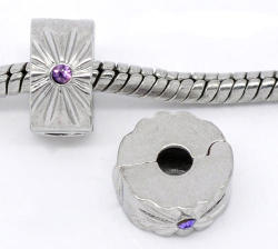 European Style - 925 Silver - Large Hole - Clip On - Bead Stopper - Purple Rhinestones