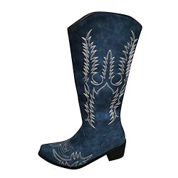 Bravetoshop Women's Riding Cowgirl Western Knee High Boots Chunky Heel Embroidered Vintage Knee High Boots Blue 7