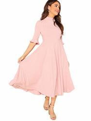 Verdusa Women's Elegant Ribbed Knit Bell Sleeve Fit And Flare Midi Dress Pink M