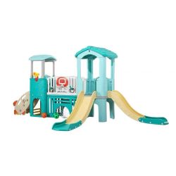 Turquoise And Yellow Outdoor Slide Set With Basketball Hoop And Soccer Net - Green Air