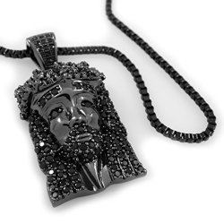 Niv's Bling 18K Black Gold Plated MINI Jesus Piece Iced Pendant With 1.5MM Box Chain