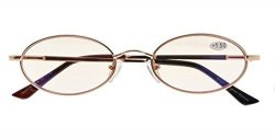 Anti Blue Rays Reduce Eyestrain Uv Protection Memory Bridge Titanium Oval Computer Reading Glasses For Men And Women Gold Amber Tinted Lenses +3.5