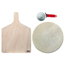 Bodum Bistro Pizza Set - Baking Stone Wooden Cutting Board & Wheel Cutter With Red Handle