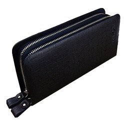 Long Men's Wallet With Buckle Business Clutch Handbag With Zipper Card Case Cash Check Holder Double Layers Leather Organizer Large Cellphone Purse Grid Pattern Black
