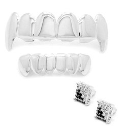 Iced Out Hip Hop Silver Tone Top Fangs And Bottom Removable Grillz Set With Micro Pave Earrings.