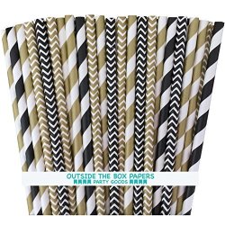 Outside The Box Papers Black And Gold Chevron And Striped Paper Straws 7.75 Inches 100 Pack Black Gold White
