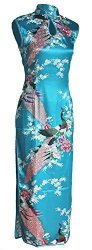 Women's 7FAIRY Silk Turquoise Keyhole Peacock Long Chinese Dress Size 2 Us