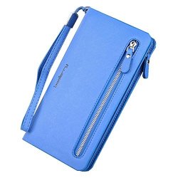 Women's Purse Zipper Cellphone Pocket For Iphone 6 Plus 8 X Pu Leather Clutch Long Wallet Card Holders Wristlet Handbag Blue