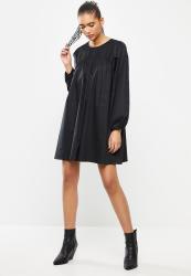 BLAKE Cotton Poplin Spandex MINI Dress With Shirring Detail In Front And Balloon Sleeve- Black