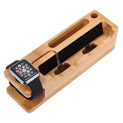 Rumfo Bamboo Wood Charging Docking Station Apple Watch Stand Smartphone Holder & Apple Pencil Holder Desktop Dock Charger Cradle Multi-device Organizer For Apple Iwatch