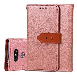 LG G5 Case Arsue Premium Emboss Flower Soft Pu Leather Wallet Case Flip Cover Skin With Card Slot For LG G5 2016 - Rose Gold