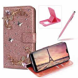 Diamond Wallet Leather Case For Huawei Mate 20 Pro Rose Gold Glitter Flip Cover For Huawei Mate 20 Pro Herzzer Luxury 3D Flower Butterfly