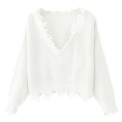 Dezzal Women's Loose Long Sleeve V-neck Ripped Pullover Knit Sweater Crop Top White