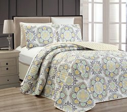 Fancy Collection 3 PC Bedspread Bed Cover Modern Reversible White Yellow Green Grey New Linda Yellow Full queen Over Size 106"X 95