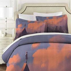 Fantasy Art House Decor Bedding 3-PIECE King Bed Sheets Set Man On The Roof Watching City Skyscrapers Lonely Town Evening Tone Washed Microfiber 3