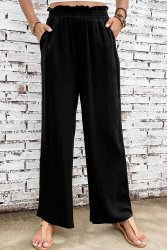 Black Wide Leg Elastic Waist Casual Pants With Pockets - XL SA38 UK14